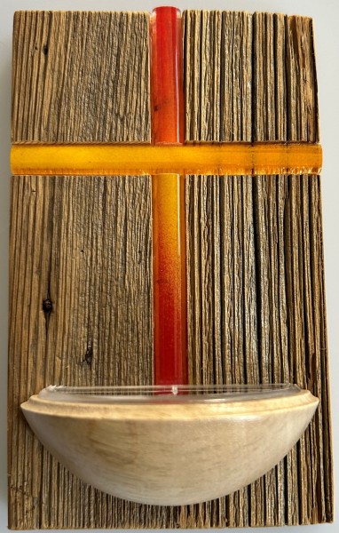 Weihkessel Altholz m. Glaskreuz orange14,5x9cm
