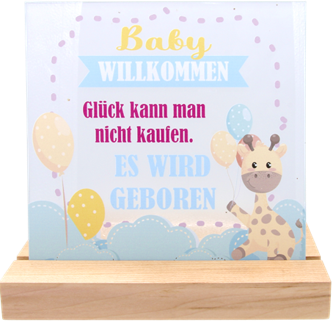 Aufsteller m. Glasplatte Willkommen Baby 13x13cm