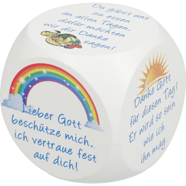 Gebetswürfel Kindergebete, Ahornholzweiß lackiert, bunt bedruckt, 49x49 mm