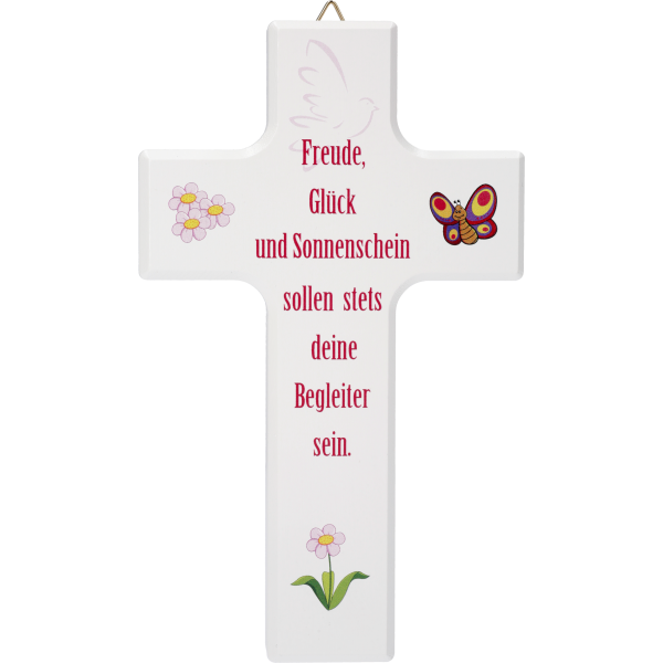 Kinderkreuz "Freude, Glück und ..."Ahornholz, weiß lackiert, 15 x 9 cm