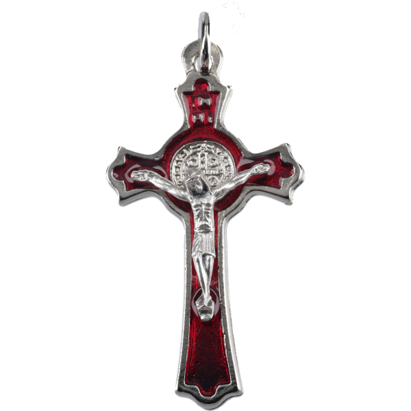 Benediktuskreuz, Metall, silbermit roter Einlage, 5 cm, im Polybeutel