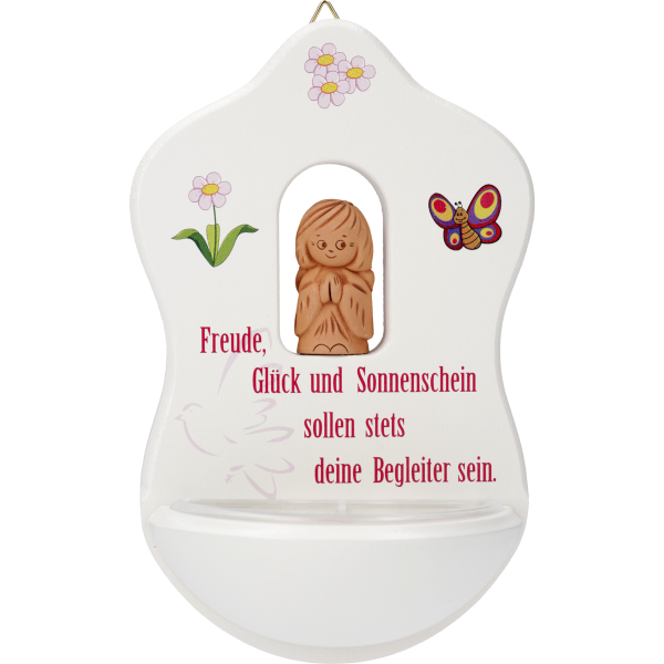 Kinderweihkessel mit Tonengel "Freude,Glück ..", Ahornholz, weiß, 14 cm, im GK