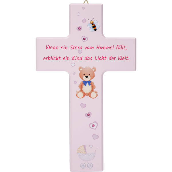 Kinderkreuz, Ahornholz, Wenn ein Stern..20x12cm, rosa, m. Swarovski