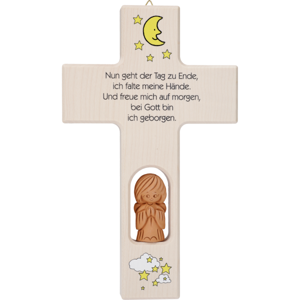 Kinderkreuz m. Tonengel "Nun geht derTag..." Ahornholz, natur, 20 x 12 cm