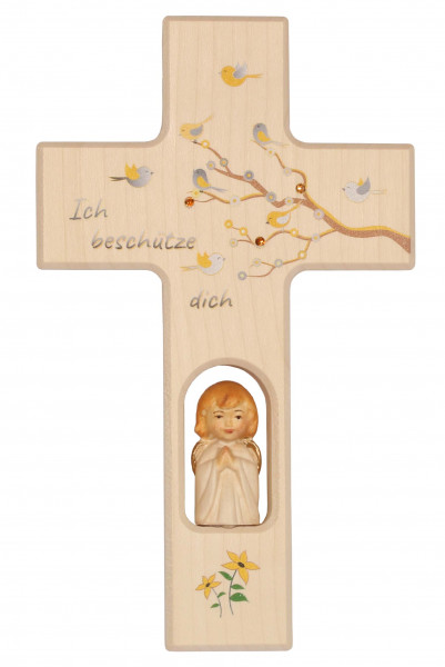 Kinderkreuz gelb 20x12 ABVERKAUF m. Holzengel und Steinen