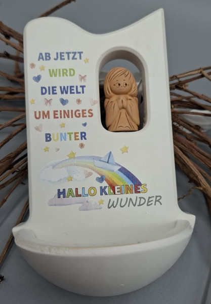 Weihkessel m. Tonengel weiß lackiert &quot;Hallo kleines Wunder&quot;