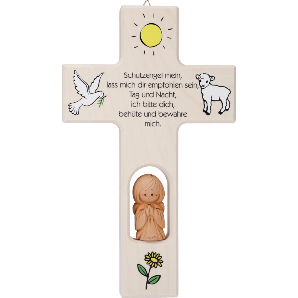 Kinderkreuz m. Tonengel "Schutzengelmein..." Ahornholz, natur, 20 x 12 cm