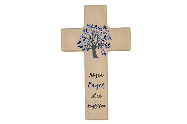 Kinderkreuz &quot;Mögen Engel..&quot; natur/blau