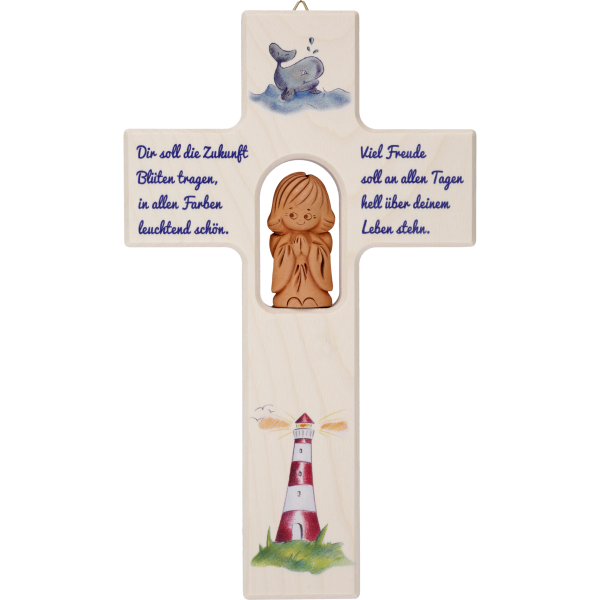 Kinderkreuz m. Tonengel "Dir soll dieZukunft..." Ahornholz, natur, 20 x 12 cm