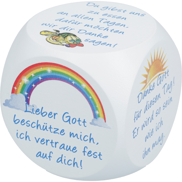 Gebetswürfel Kindergebete, Ahornholzblau lackiert, bunt bedruckt, 49x49 mm