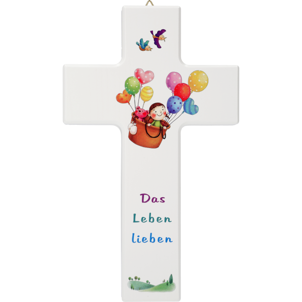 Kinderkreuz, Ahornholz, 20x12cm, weißMotiv Ballon