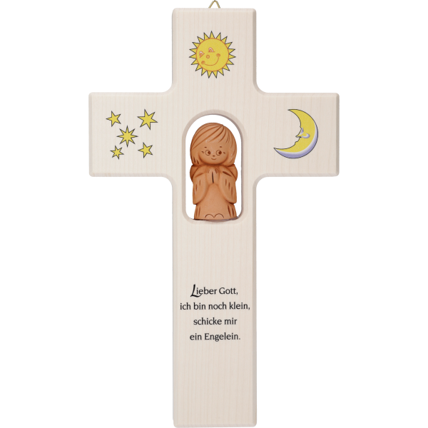 Kinderkreuz m. Tonengel "Lieber Gott..."Ahornholz, natur, 20 x 12 cm