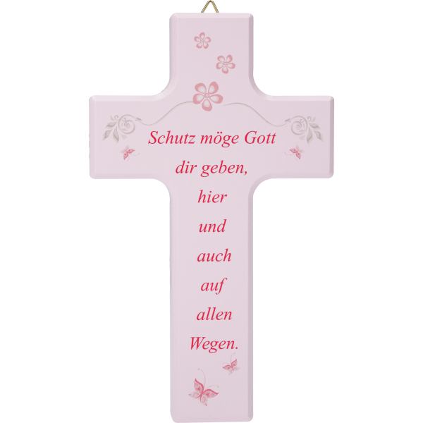 Kinderkreuz "Schutz möge Gott ..."Ahornholz, rosa lackiert, 15 x 9 cm