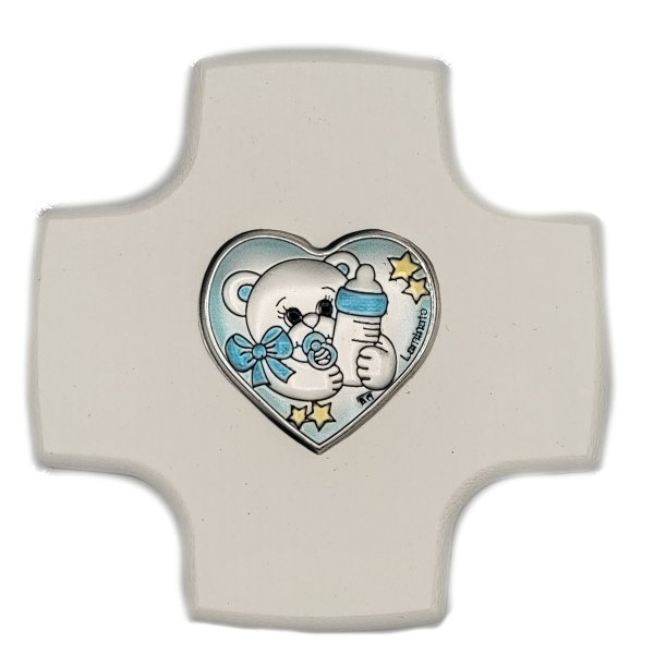 Kinderkreuz weiß lackiert zur Geburtblau